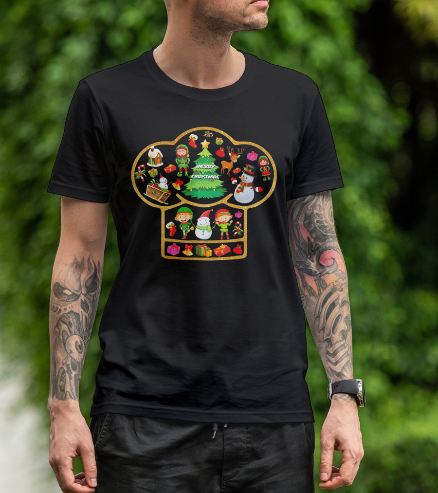 Merry Christmas Chef Hat With Elves And Snowman Ornaments T-Shirt