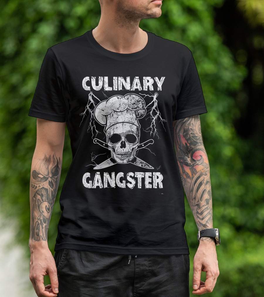 Culinary Gangster Skull Chef Hat Lightning Crossed Knives T-Shirt