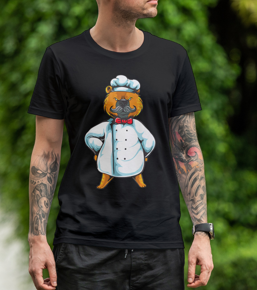 Chef Bear In Classic Culinary Attire With Red Bowtie And Moustache T-Shirt