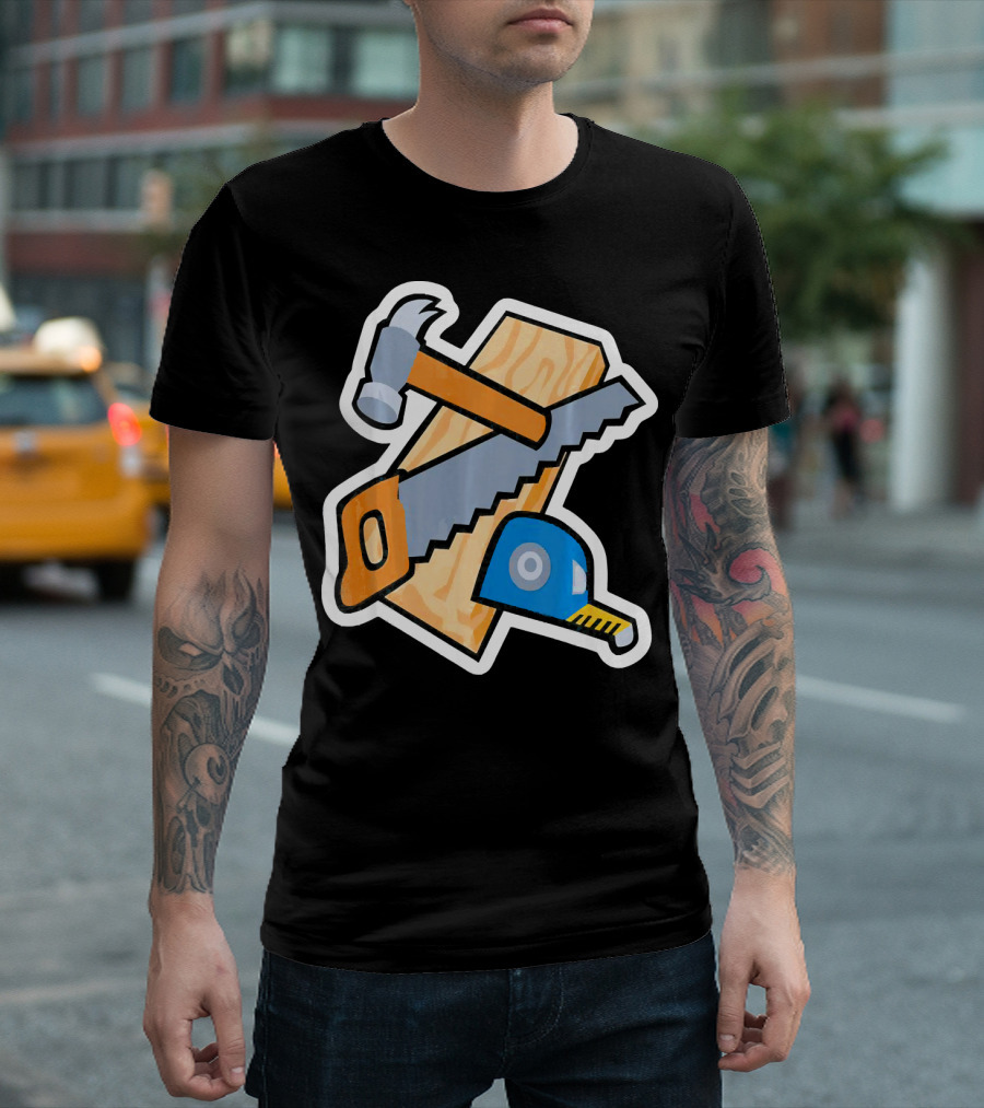 Carpenter Builder Construction Tools with Hammer Saw Wood and Hard Hat T-Shirt