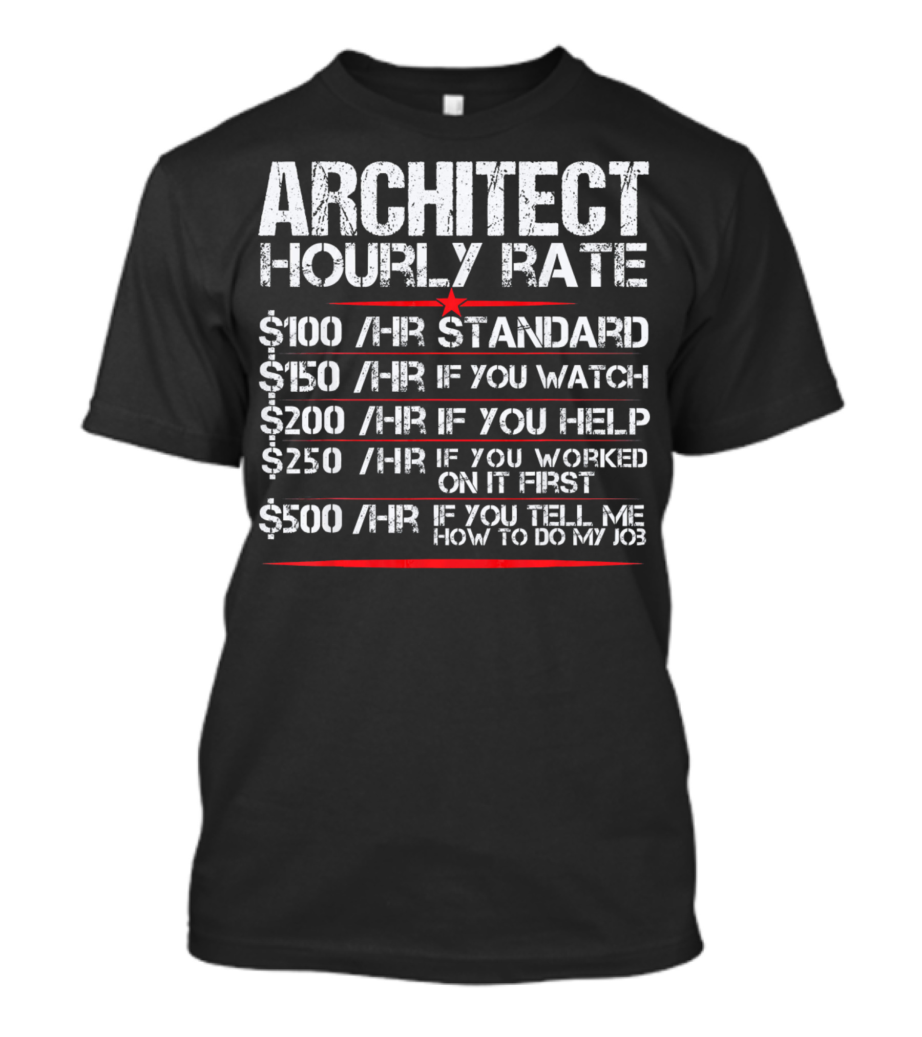 ARCHITECT HOURLY RATE $100 HR STANDARD $150 HR IF YOU WATCH $200 HR IF YOU HELP $250 HR IF YOU WORKED ON IT FIRST $500 HR IF YOU TELL ME HOW TO DO MY JOB T-Shirt