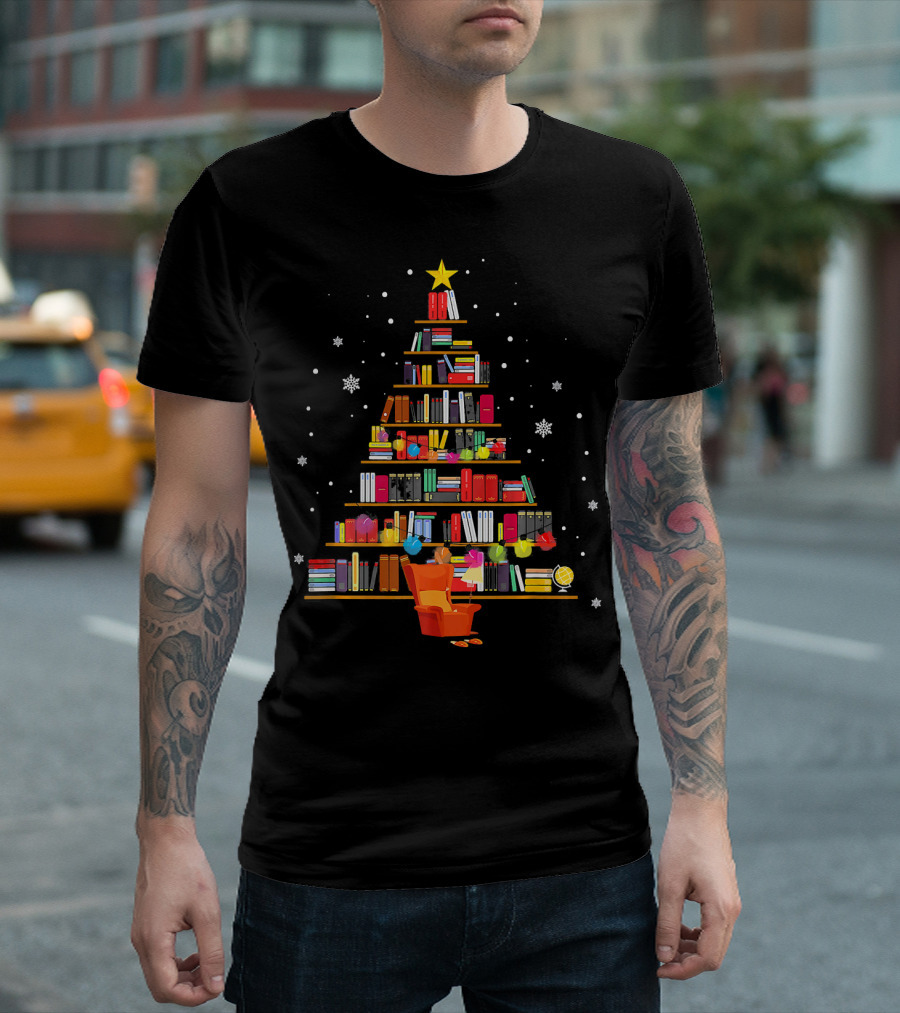 Book Library Christmas Tree with Books and Snowflakes T-Shirt