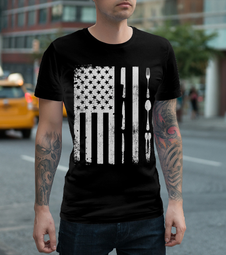 American Patriotic Chef Flag With Culinary Utensils T-Shirt