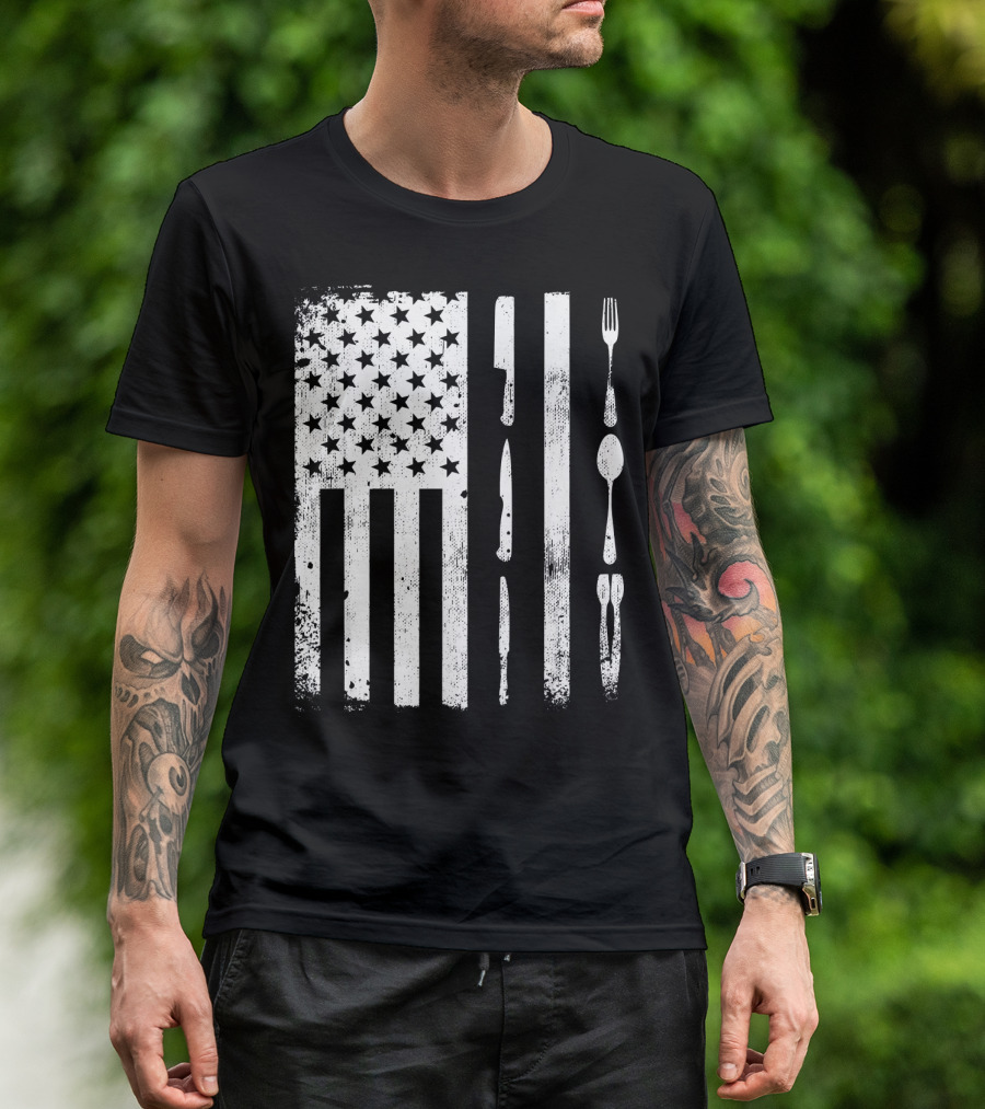 American Patriotic Chef Flag With Culinary Utensils T-Shirt
