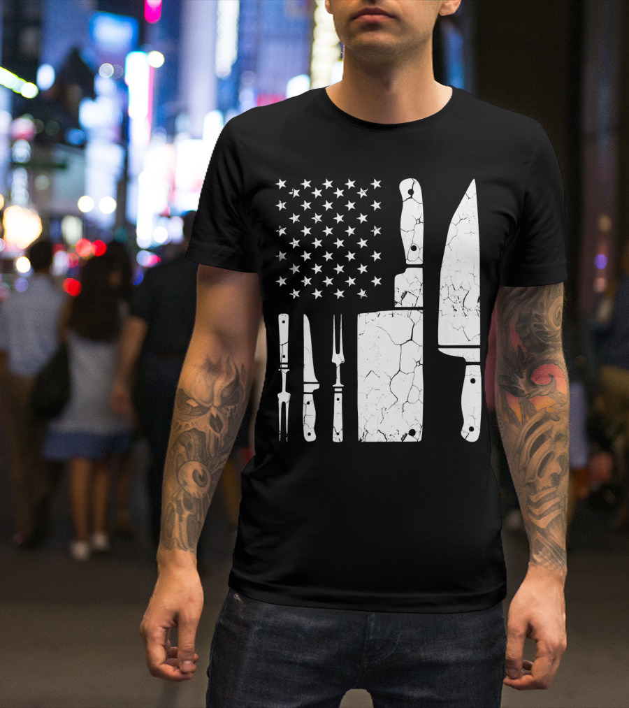 Chef Cooking American Flag Vintage Culinary Knives T-Shirt