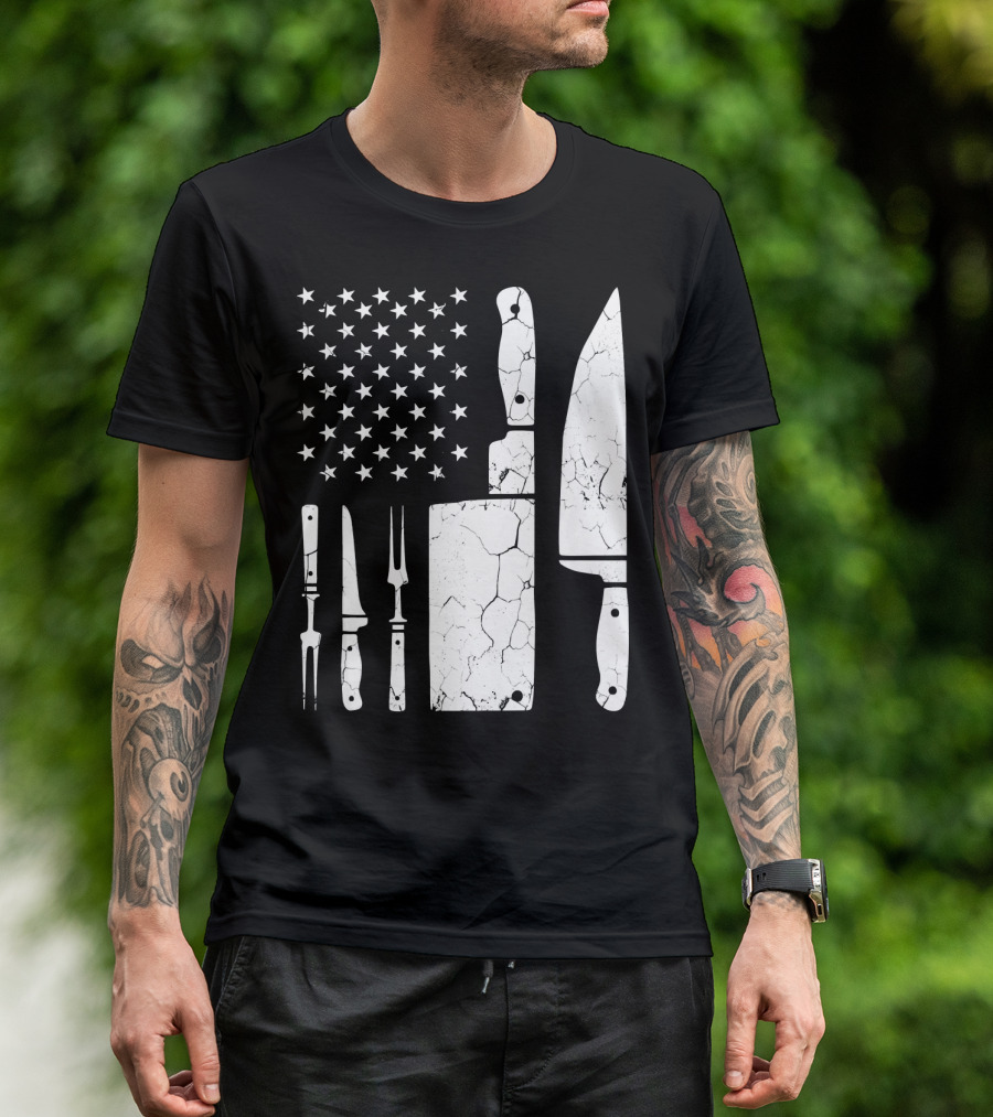 Chef Cooking American Flag Vintage Culinary Knives T-Shirt