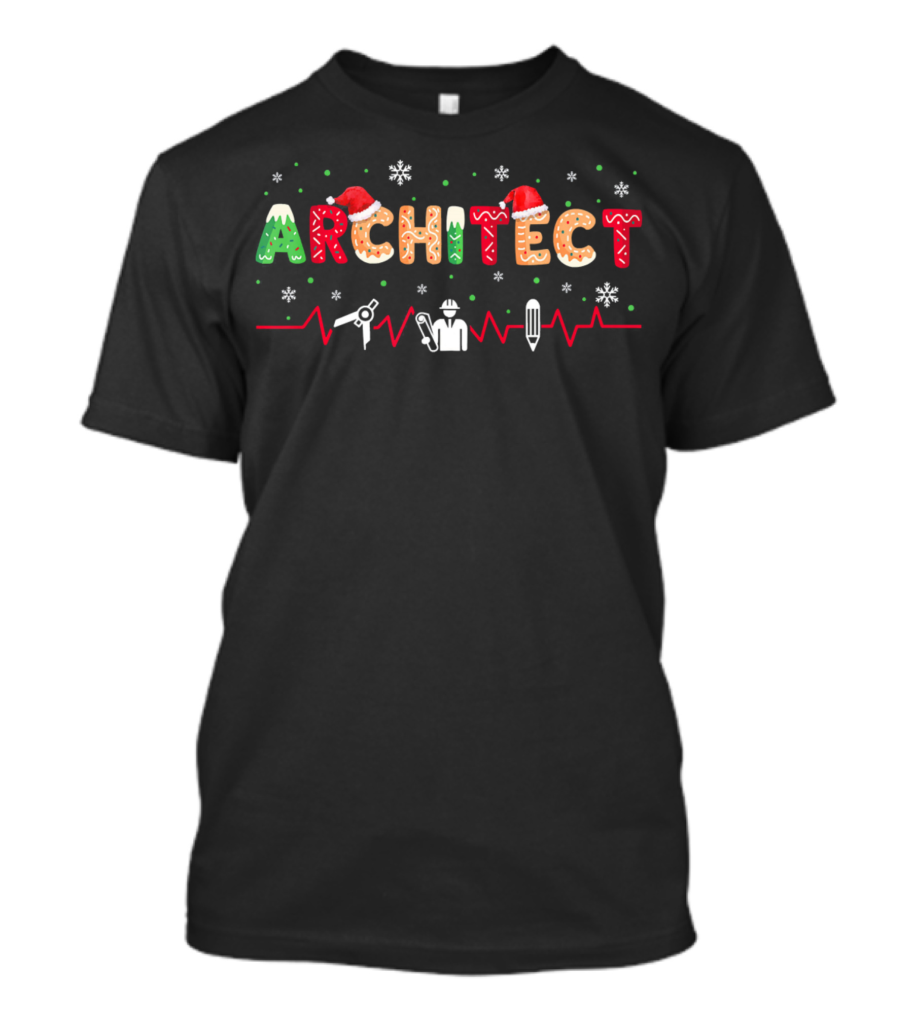 Architect Santa Hat Christmas Snowflakes Heartbeat Icons T-Shirt