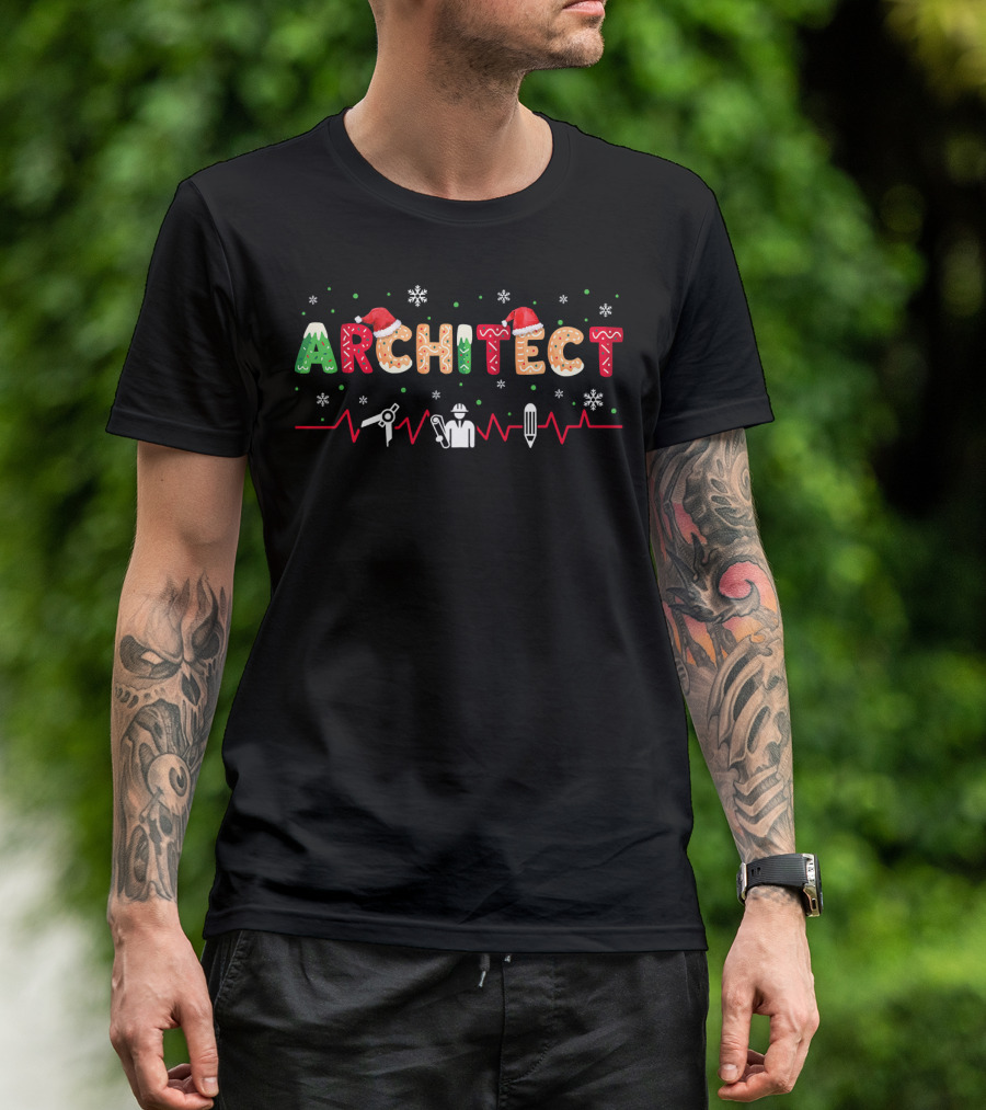 Architect Santa Hat Christmas Snowflakes Heartbeat Icons T-Shirt