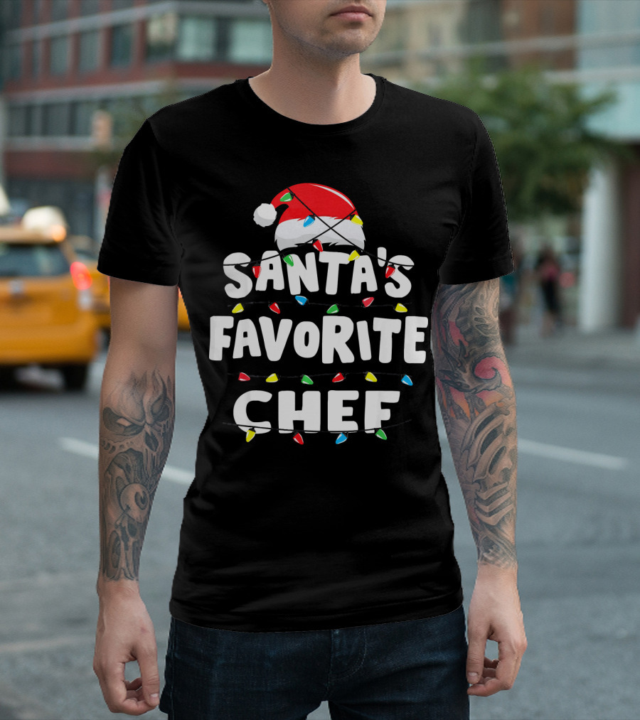 Santa's Favorite Chef Christmas Lights Santa Hat T-Shirt