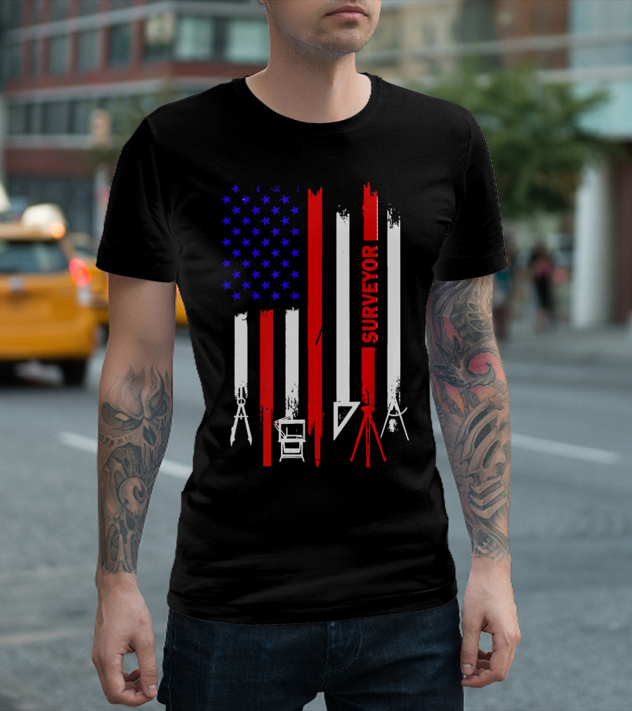American Flag Surveyor Tools Patriotic Graphics T-Shirt