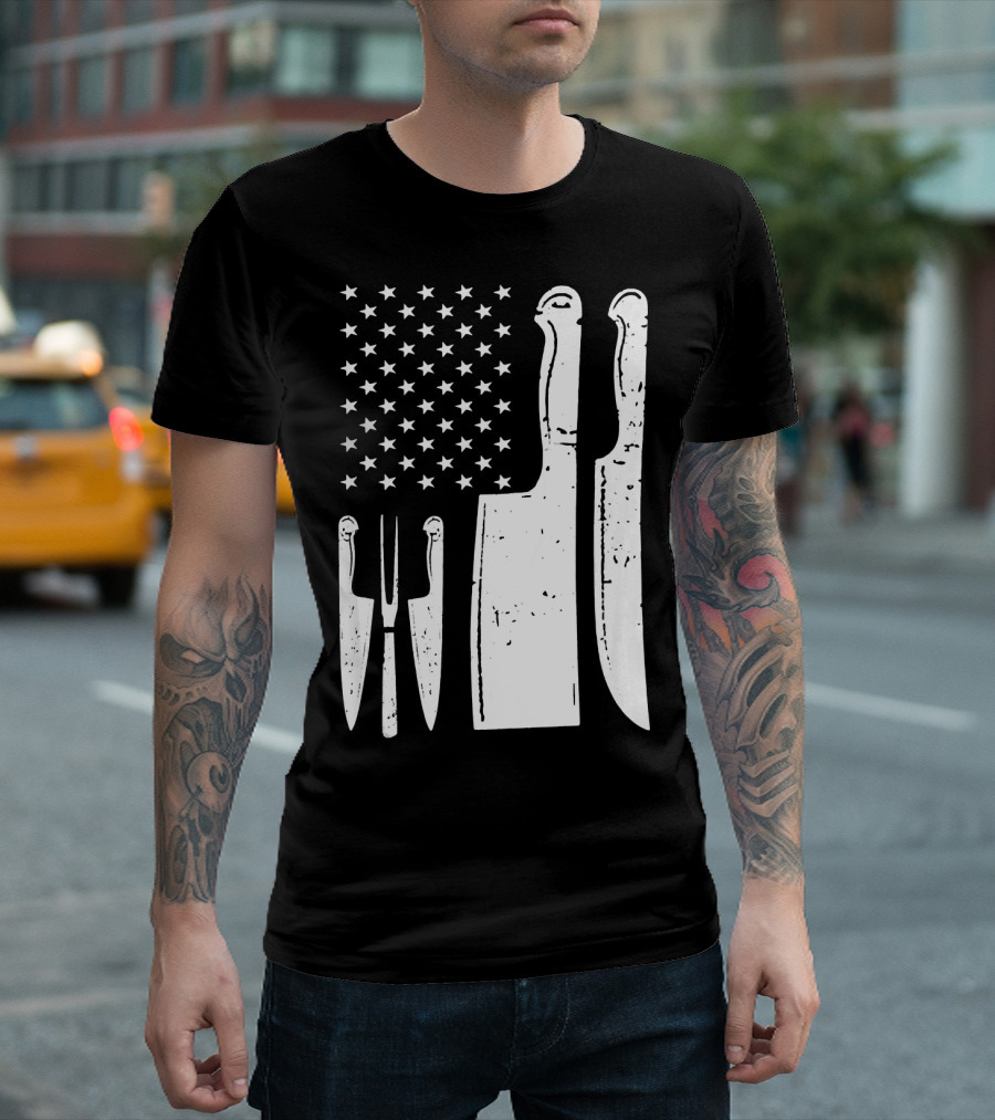 American Flag With Chef Knife Cutlery T-Shirt