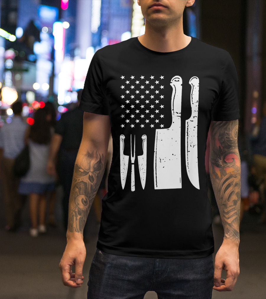 American Flag With Chef Knife Cutlery T-Shirt