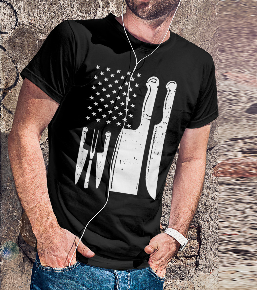 American Flag With Chef Knife Cutlery T-Shirt