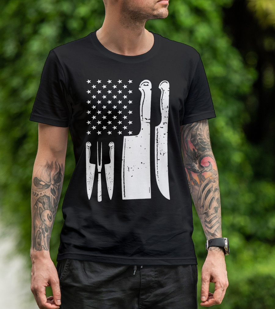 American Flag With Chef Knife Cutlery T-Shirt