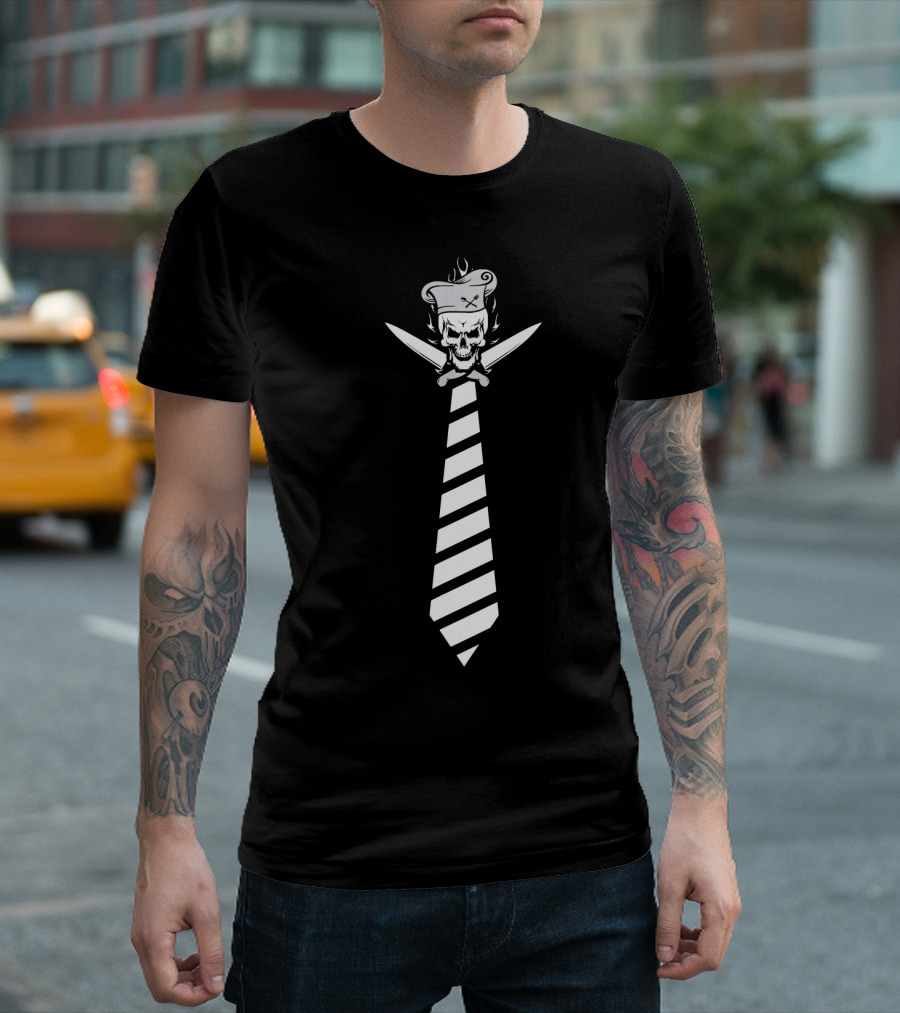 Chef Skull With Crossed Knives And Striped Tie T-Shirt