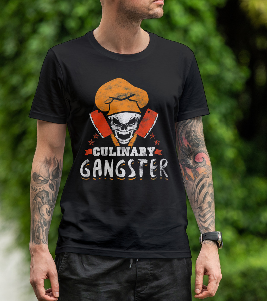 Culinary Gangster Skull Chef Hat Crossed Cleavers Funny Cookin T-Shirt