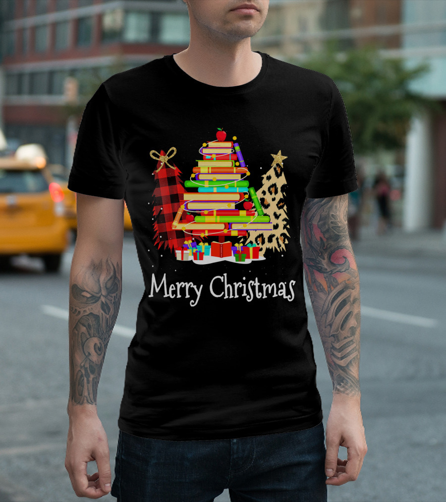 Merry Christmas Librarian Cute Books Tree T-Shirt