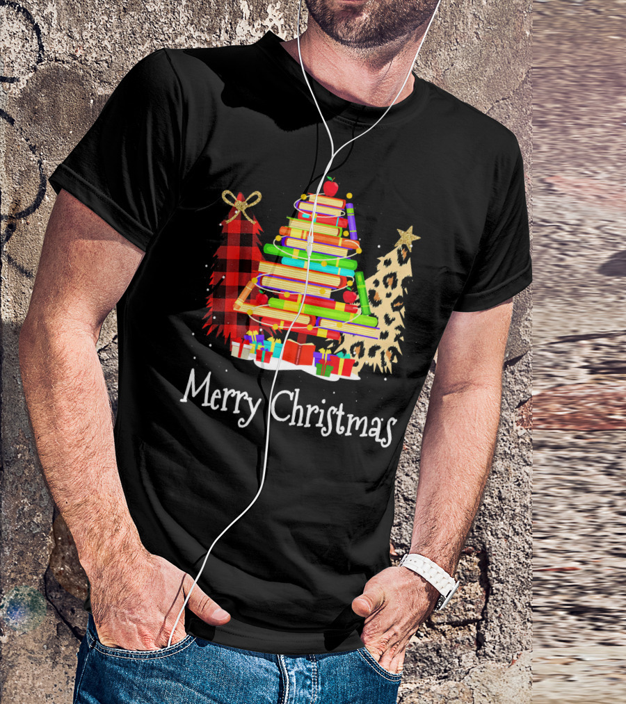 Merry Christmas Librarian Cute Books Tree T-Shirt