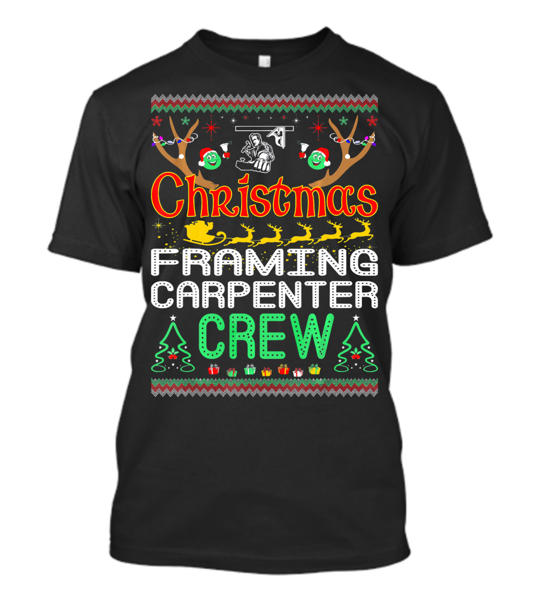 Christmas Framing Carpenter Crew Funny Holiday Reindeer Santa Sleigh Lights T-Shirt
