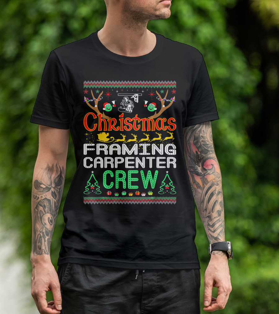 Christmas Framing Carpenter Crew Funny Holiday Reindeer Santa Sleigh Lights T-Shirt