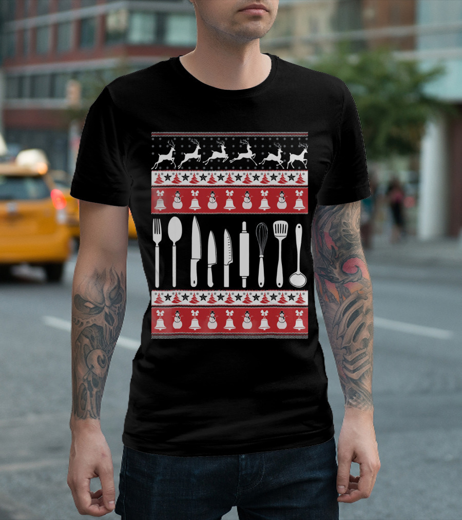 Christmas Kitchen Utensils Ugly Sweater Style Cook T-Shirt