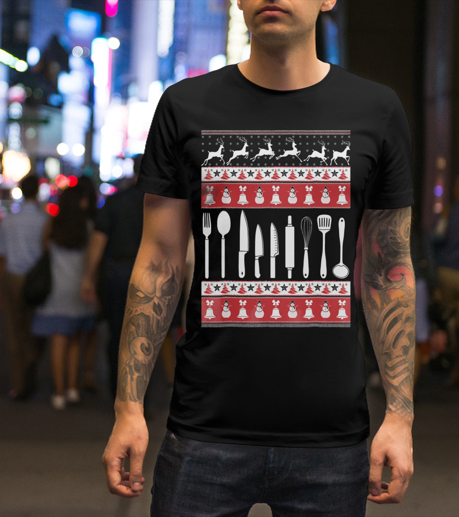 Christmas Kitchen Utensils Ugly Sweater Style Cook T-Shirt