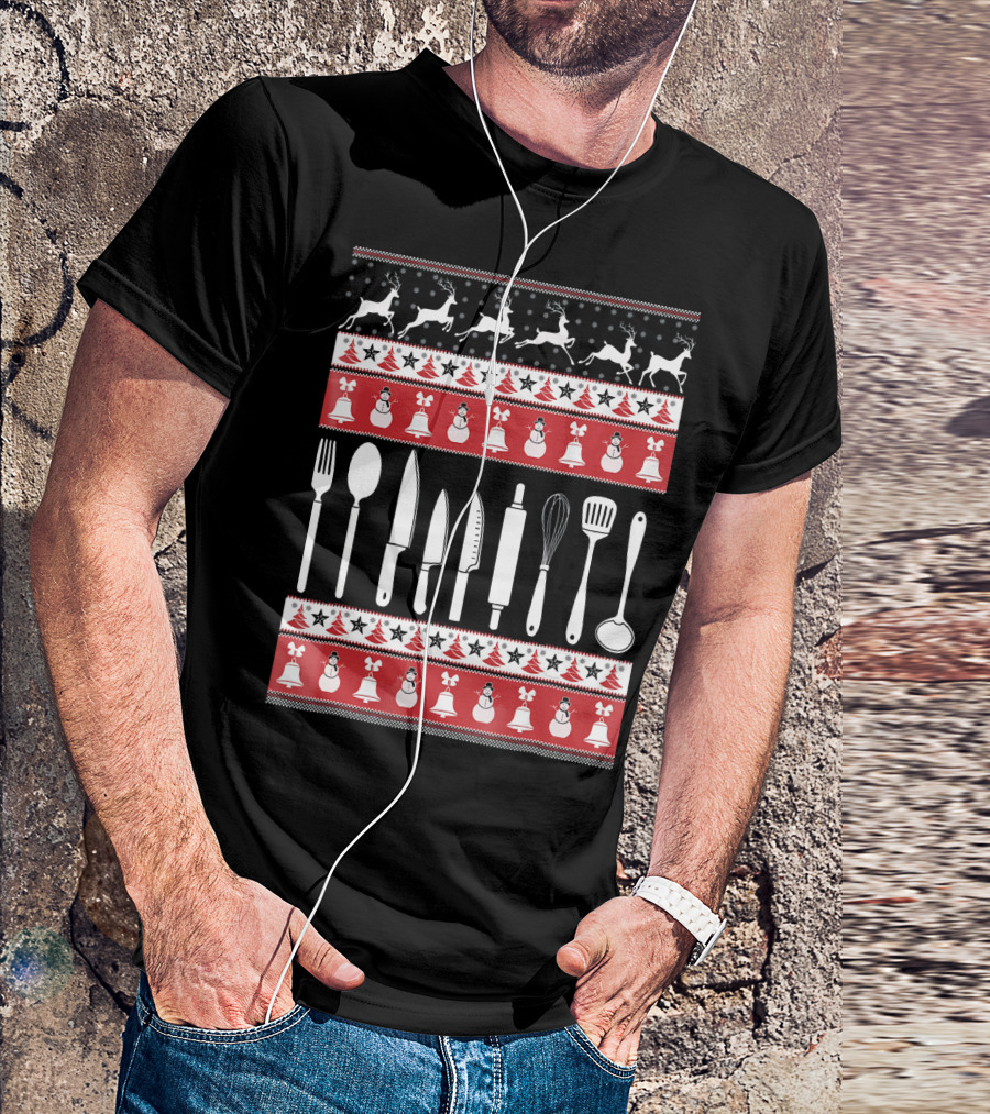 Christmas Kitchen Utensils Ugly Sweater Style Cook T-Shirt