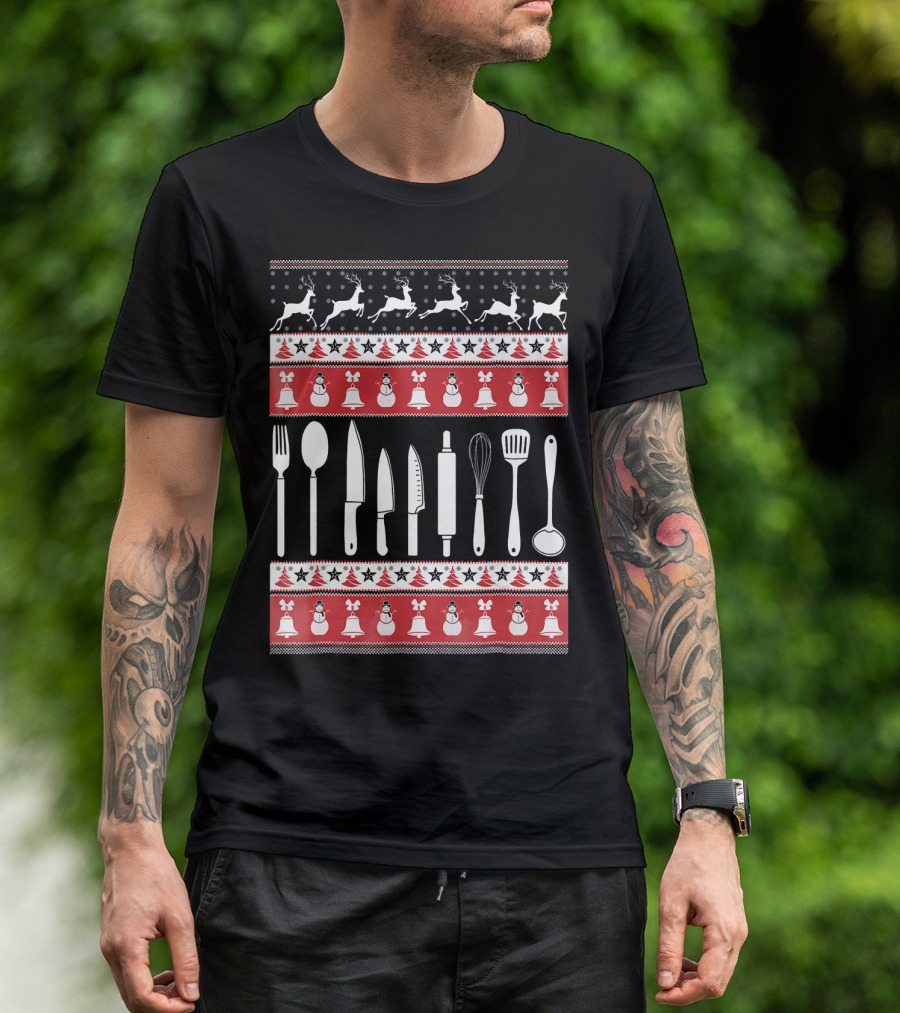 Christmas Kitchen Utensils Ugly Sweater Style Cook T-Shirt