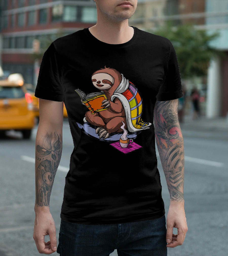 Cute Cozy Sloth Reading a Book with Blanket and Coffee T-Shirt