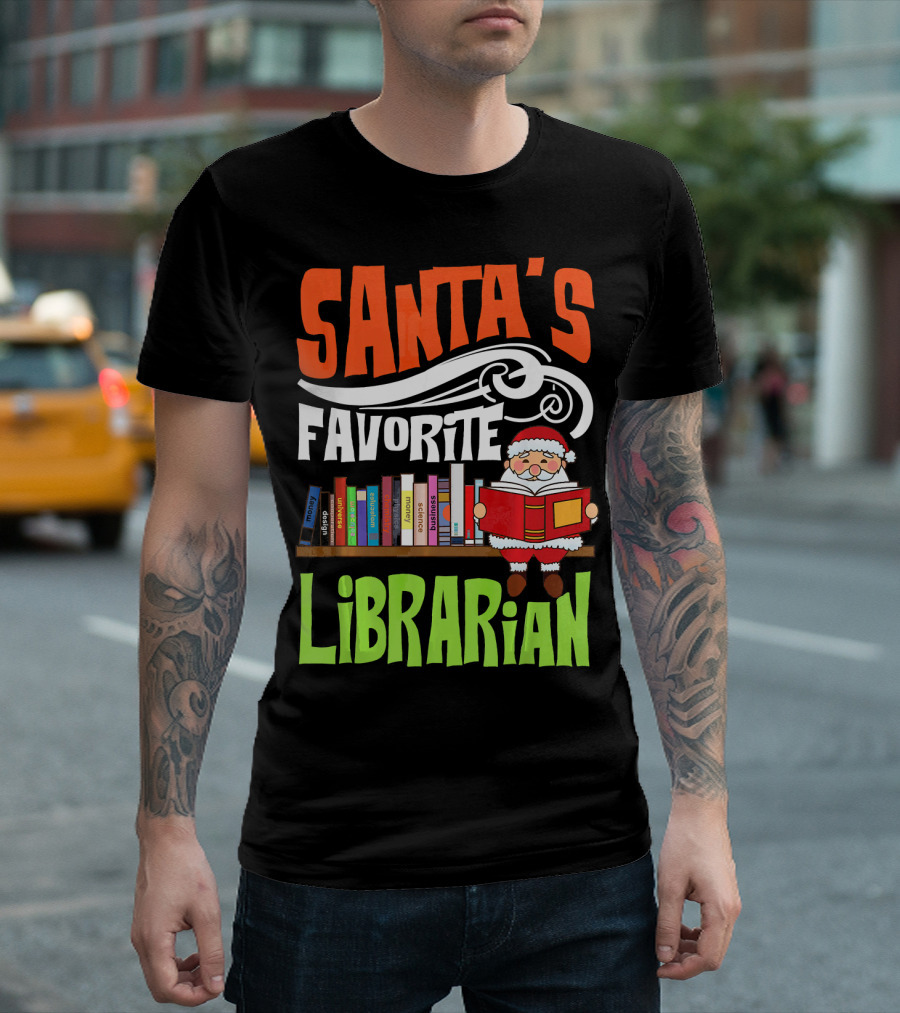 Santa's Favorite Librarian With Bookshelves And Santa Claus T-Shirt