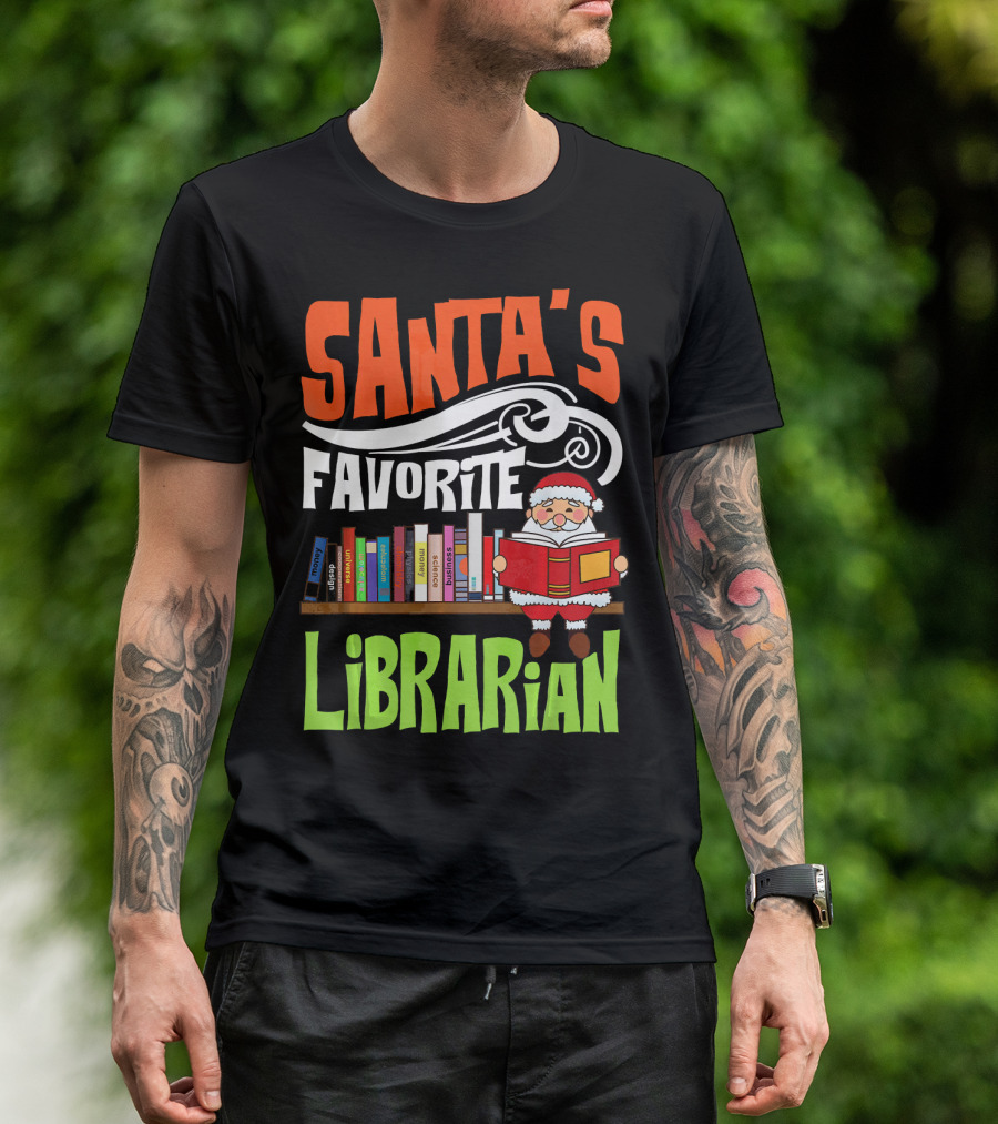 Santa's Favorite Librarian With Bookshelves And Santa Claus T-Shirt