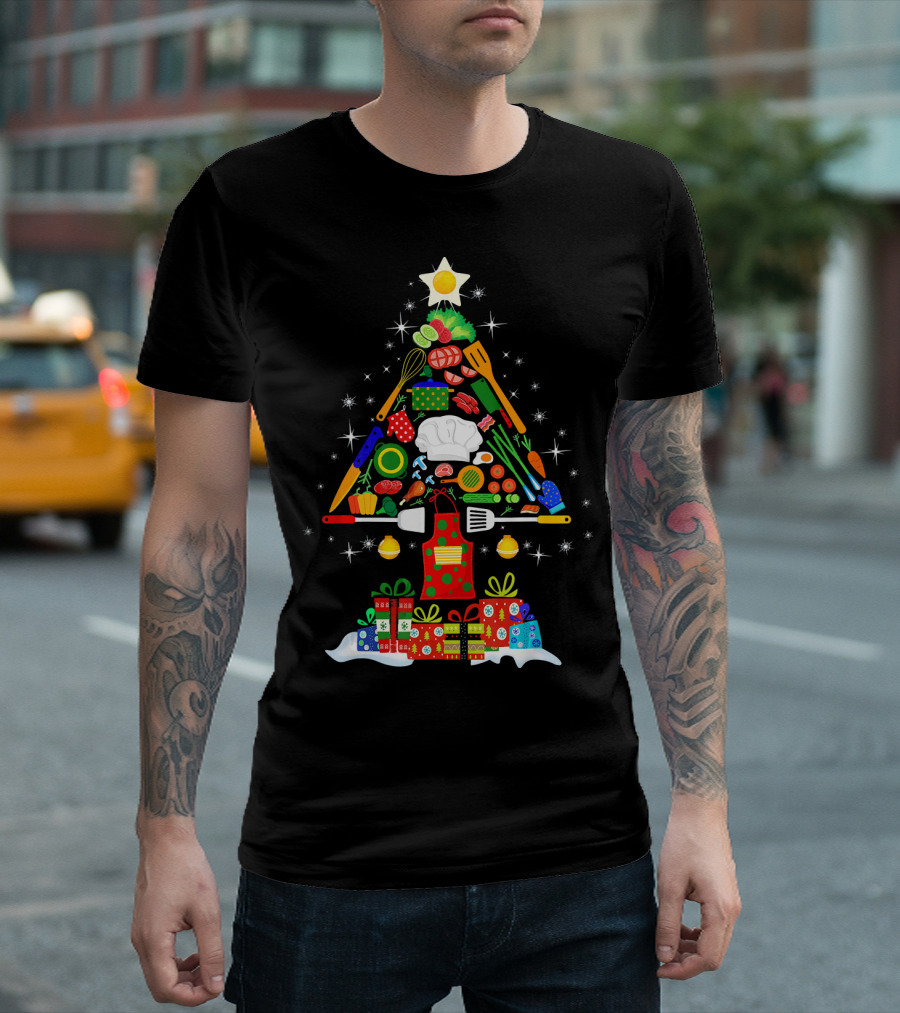 Festive Christmas Kitchen Tree with Cooking Tools and Gifts T-Shirt