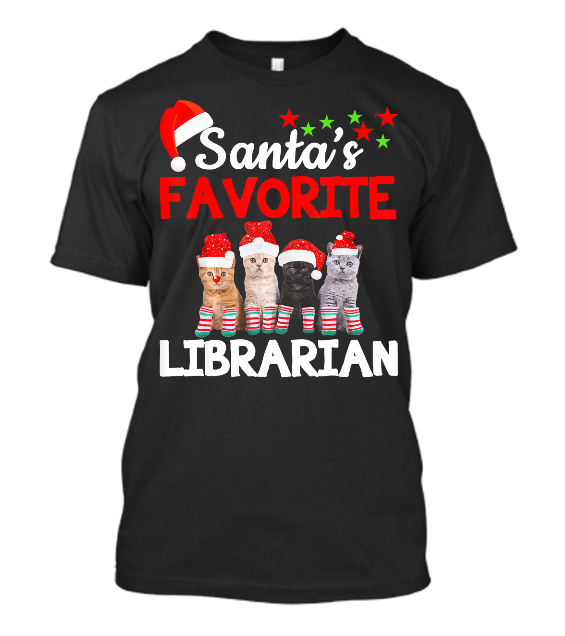 Santa's Favorite Librarian Cats With Christmas Hats T-Shirt
