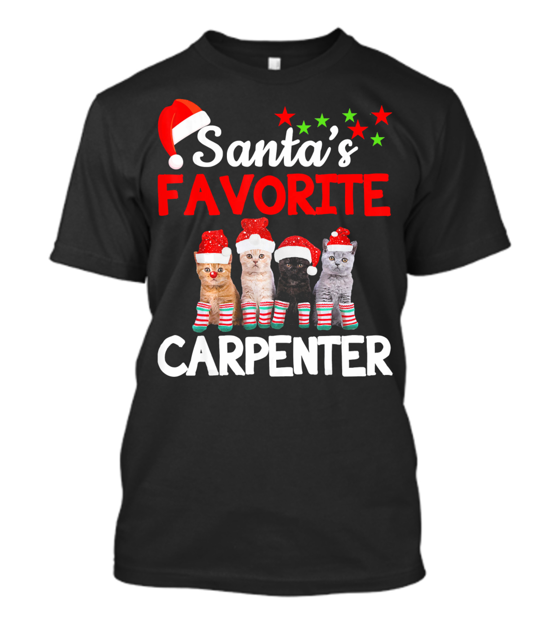 Funny Cat Santas Favorite Carpenter Kittens In Christmas Hats And Stockings T-Shirt