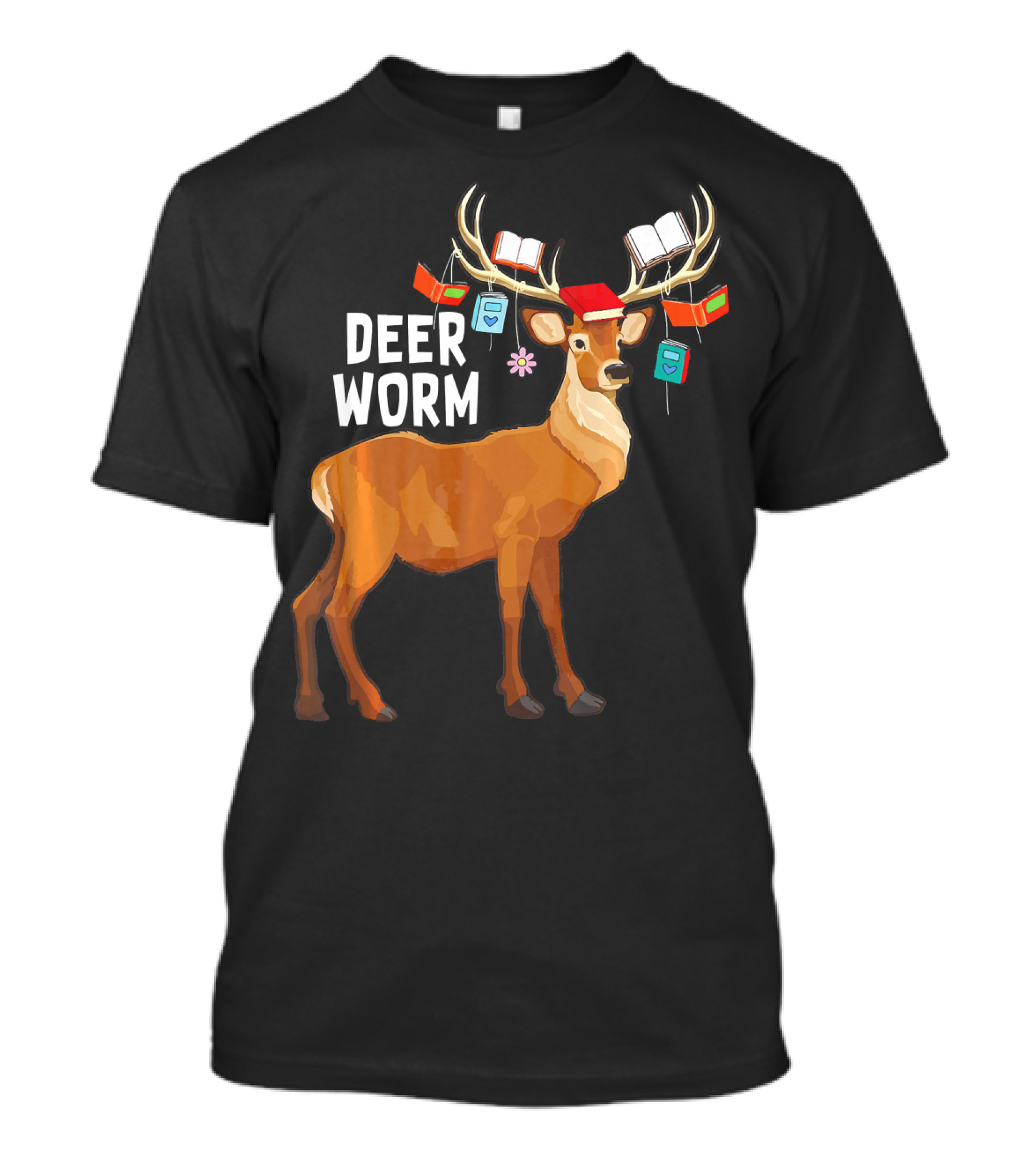Deer Worm Funny Reindeer Librarian With Books On Antlers T-Shirt