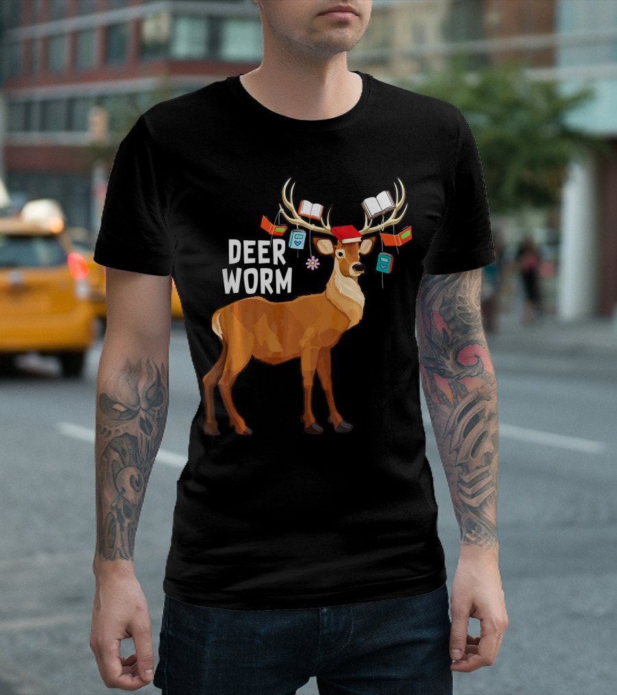 Deer Worm Funny Reindeer Librarian With Books On Antlers T-Shirt