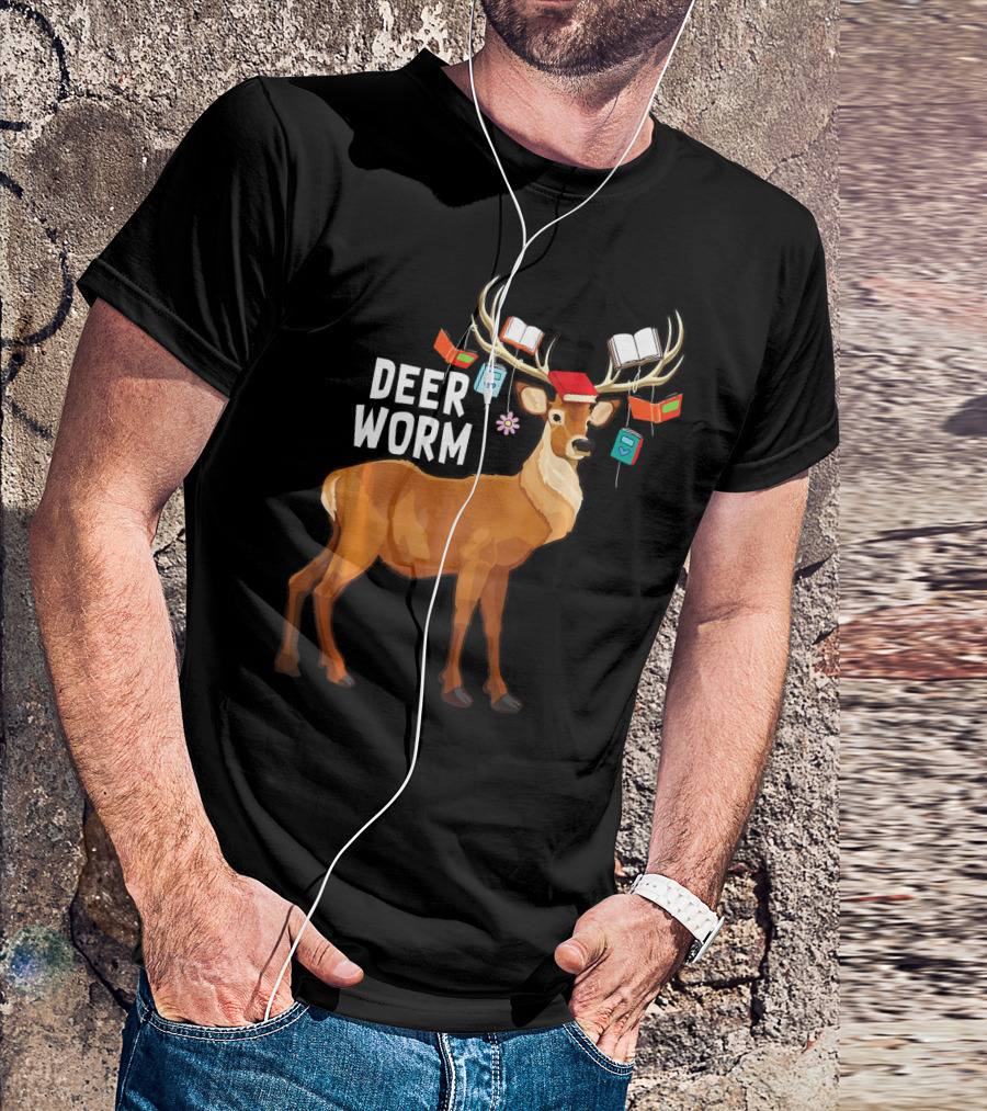 Deer Worm Funny Reindeer Librarian With Books On Antlers T-Shirt