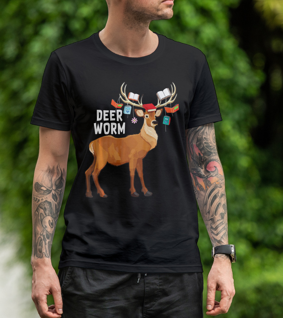 Deer Worm Funny Reindeer Librarian With Books On Antlers T-Shirt