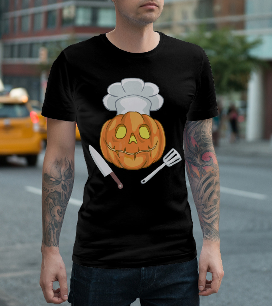 Funny Chef Halloween Pumpkin Face with Knife and Spatula T-Shirt