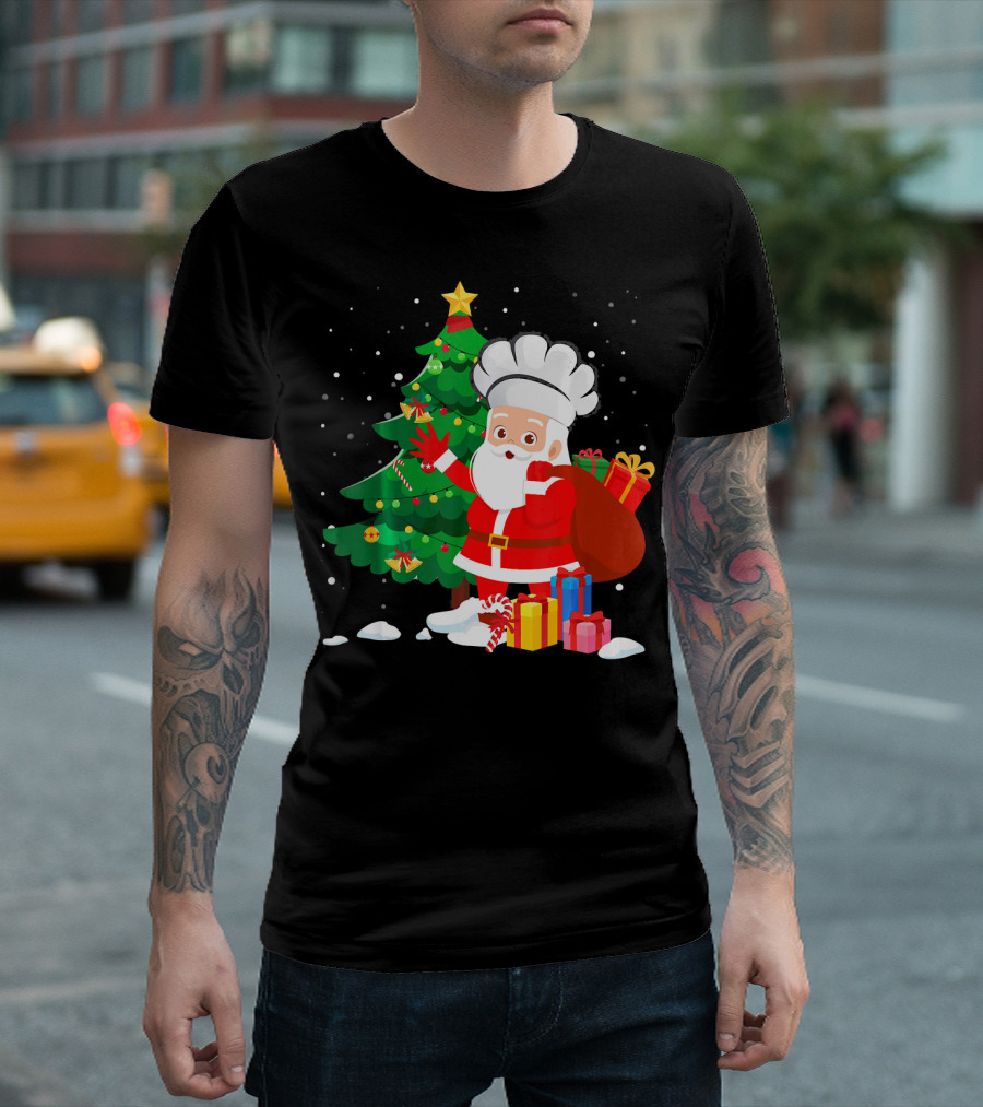 Christmas Chef Santa with Gifts by Tree T-Shirt