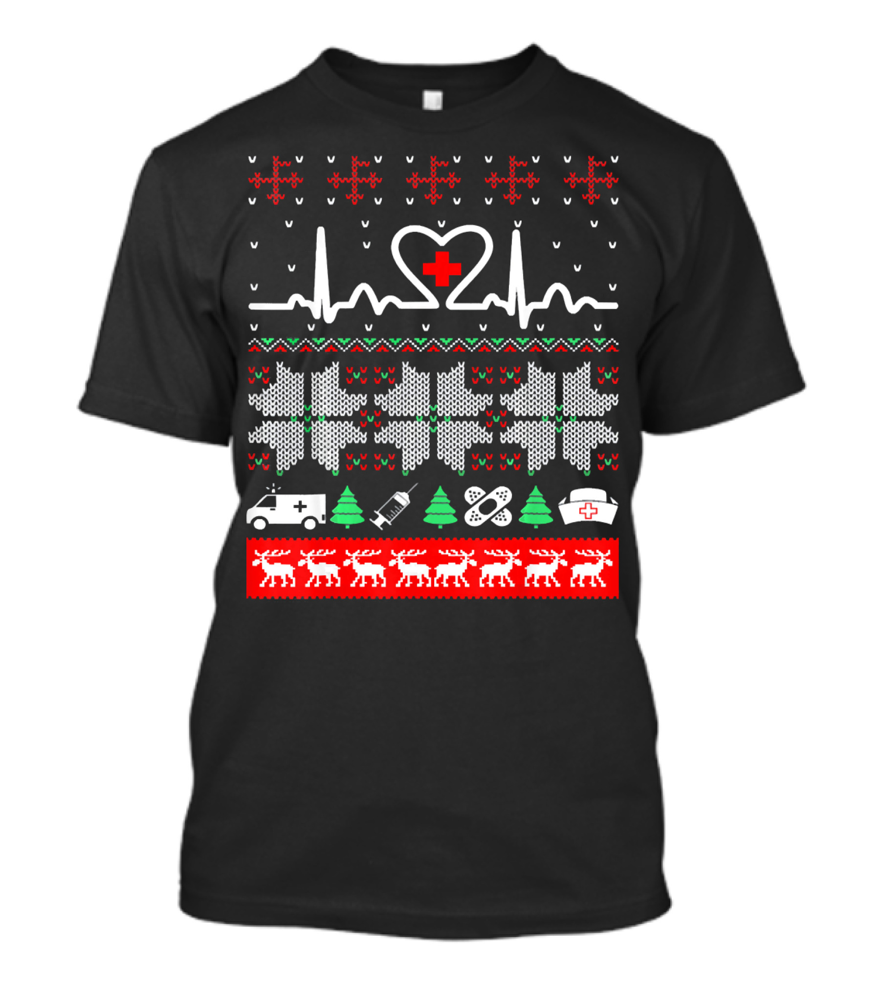 Christmas Nurse CNA Doctor Ugly Sweater Heartbeat Ambulance Reindeer T-Shirt