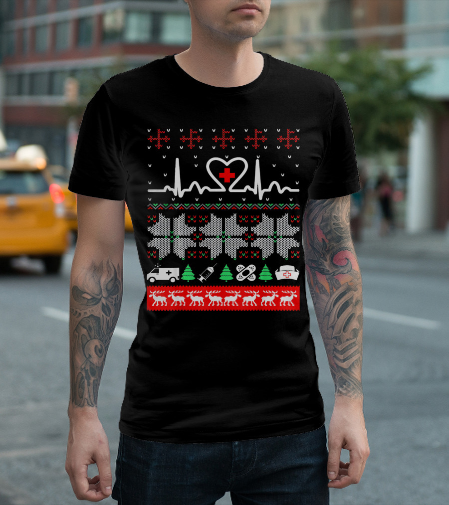 Christmas Nurse CNA Doctor Ugly Sweater Heartbeat Ambulance Reindeer T-Shirt