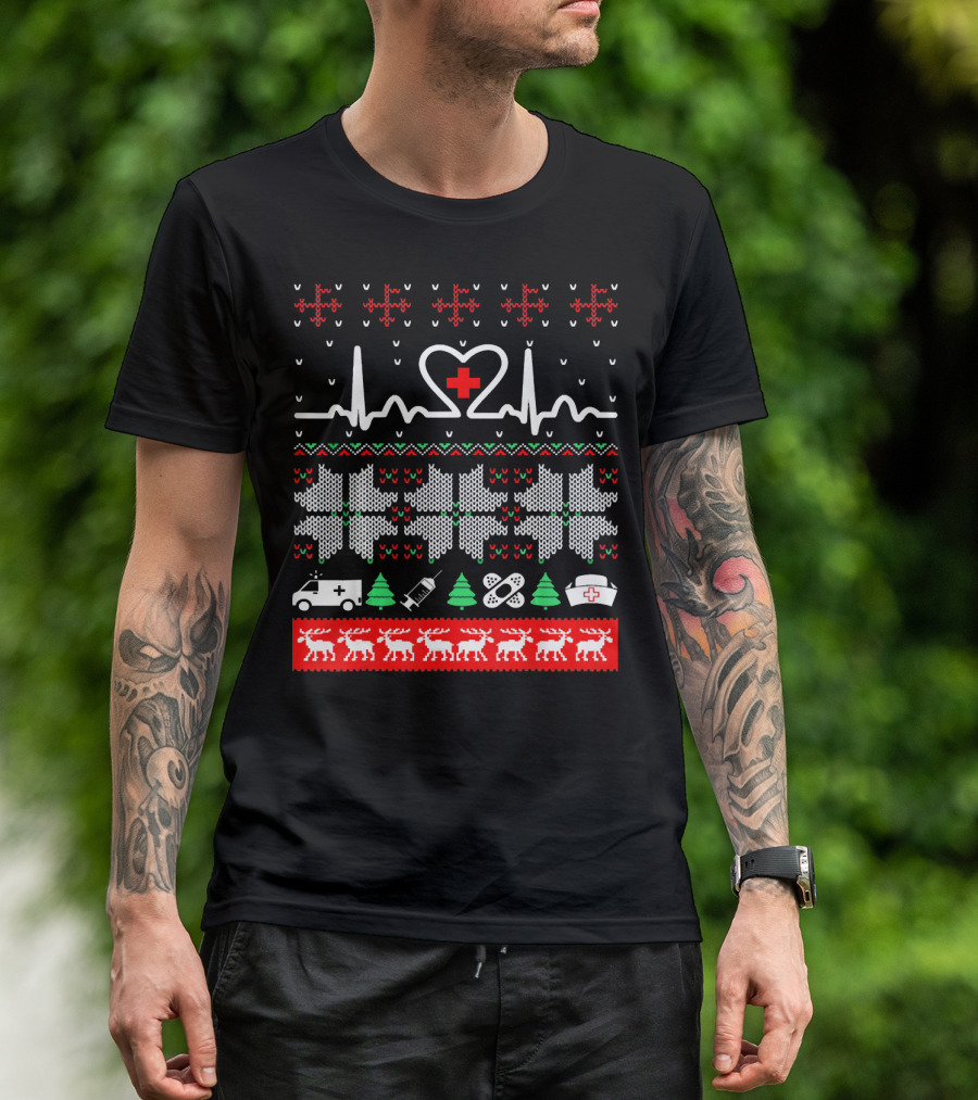 Christmas Nurse CNA Doctor Ugly Sweater Heartbeat Ambulance Reindeer T-Shirt