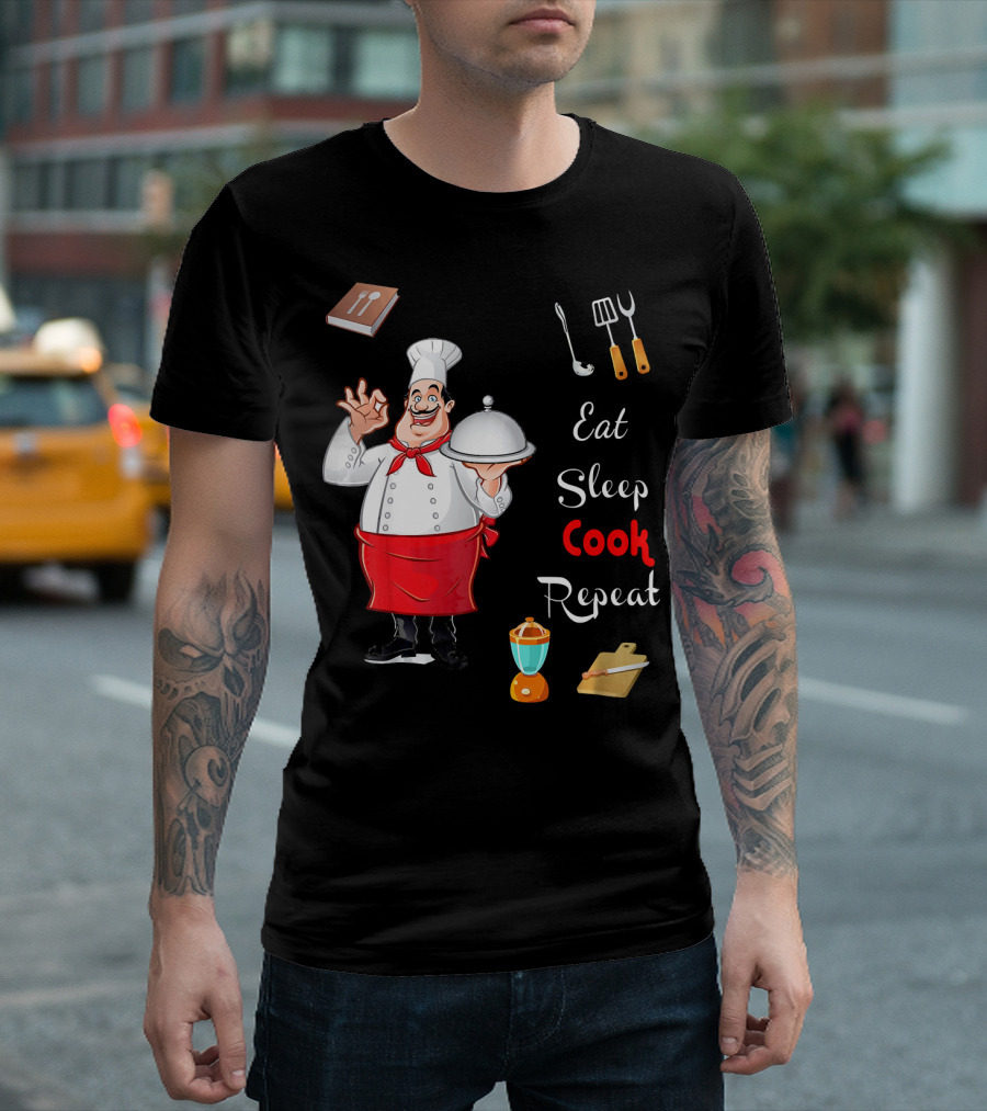 Eat Sleep Cook Repeat Funny Chef with Utensils and Mixer T-Shirt