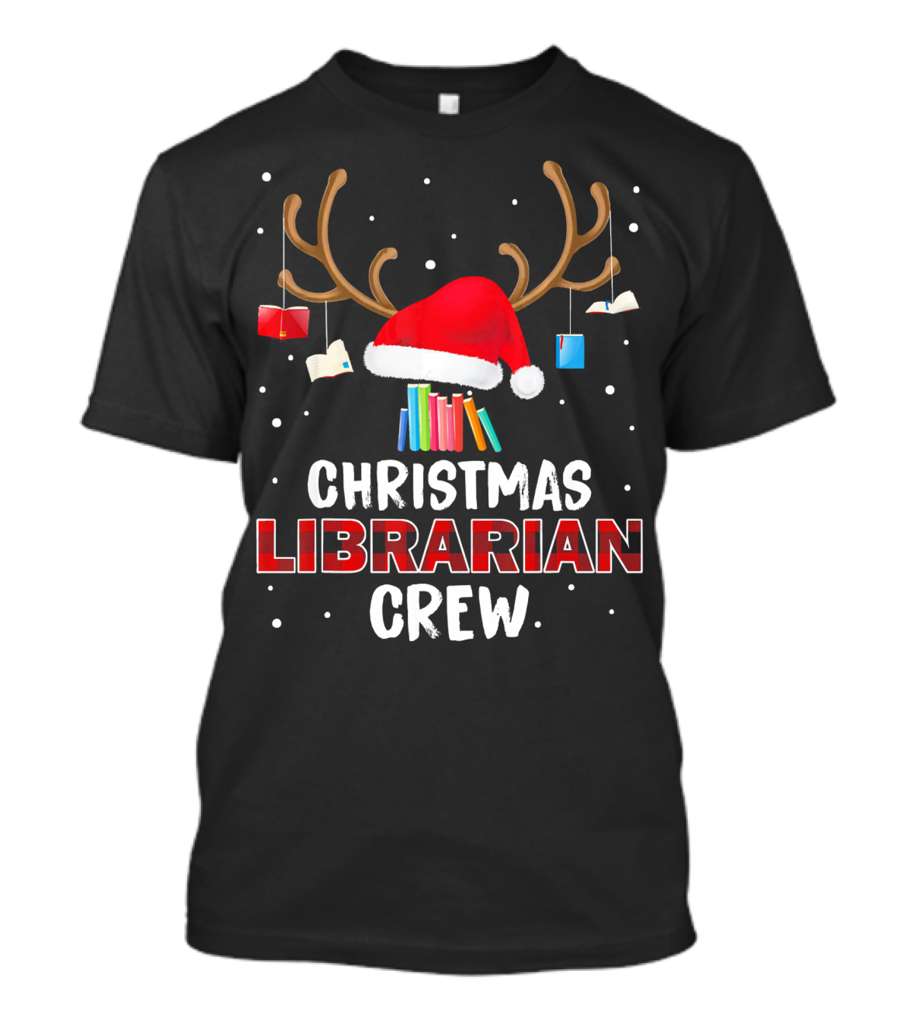 Christmas Librarian Crew Antlers Santa Hat Books T-Shirt