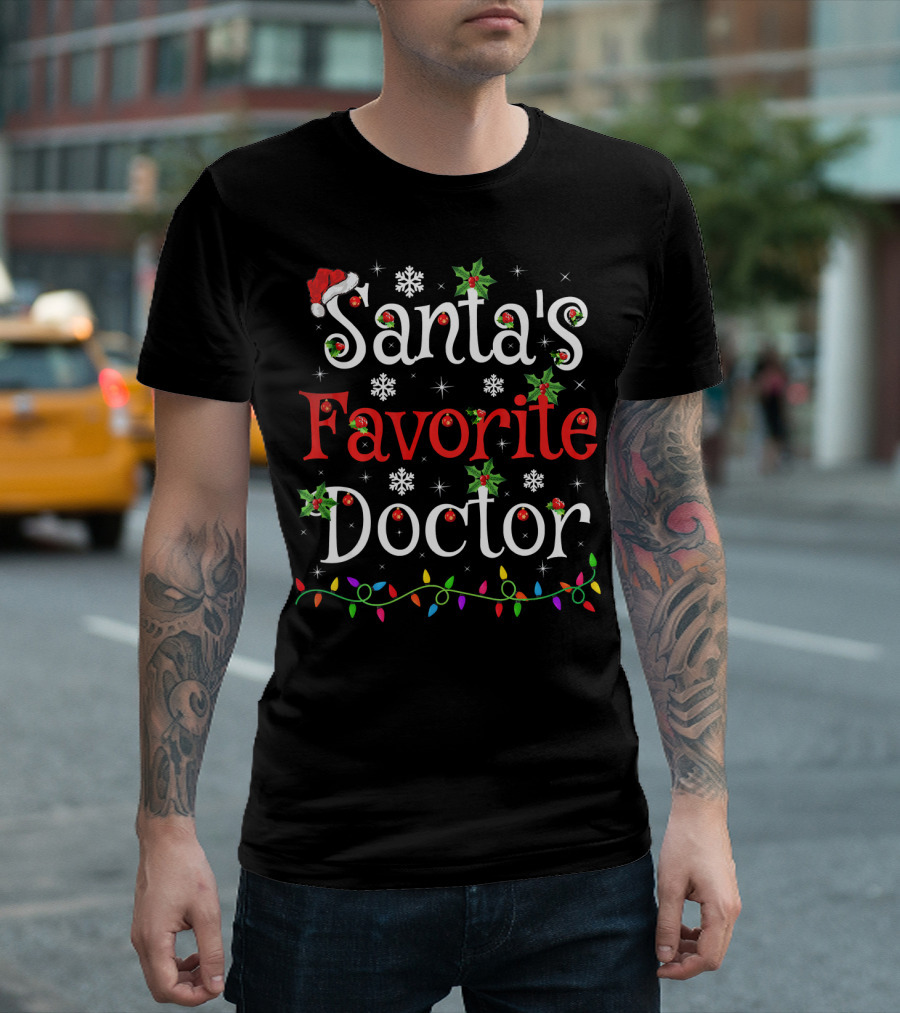 Santa's Favorite Doctor Christmas Lights And Holly T-Shirt
