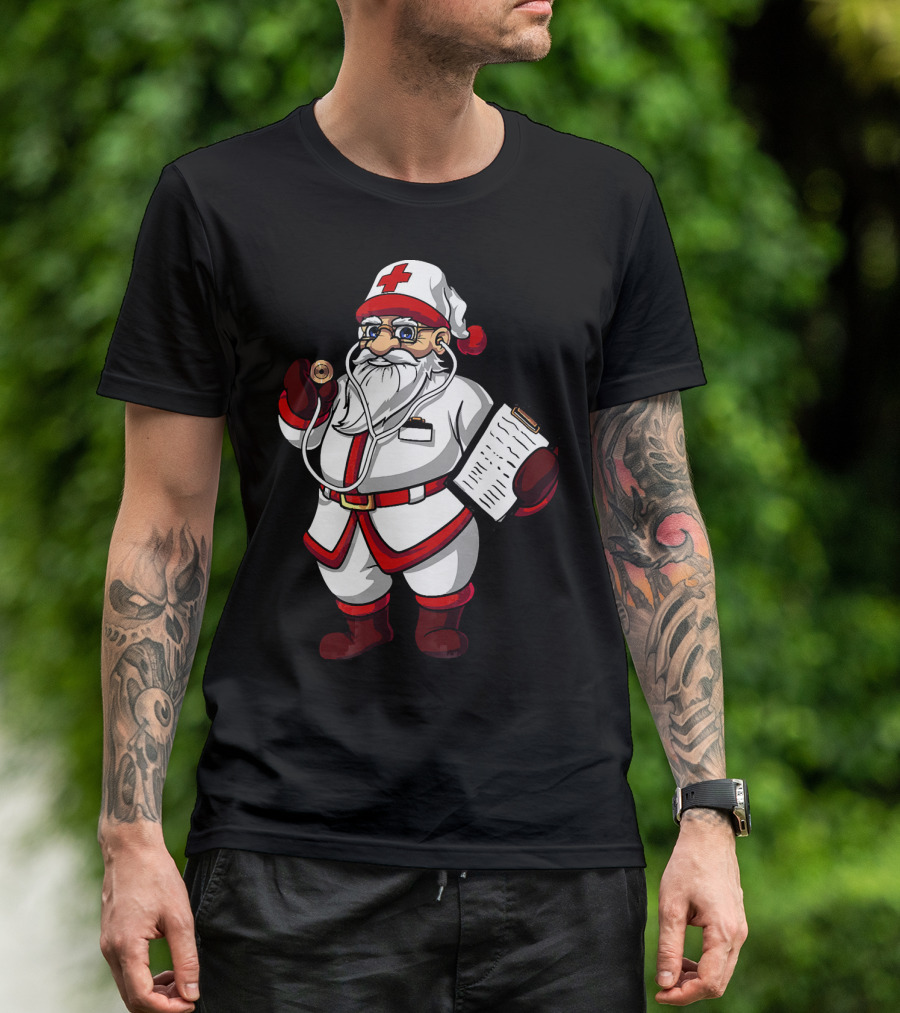 Christmas Doctor Santa With Stethoscope And Clipboard T-Shirt