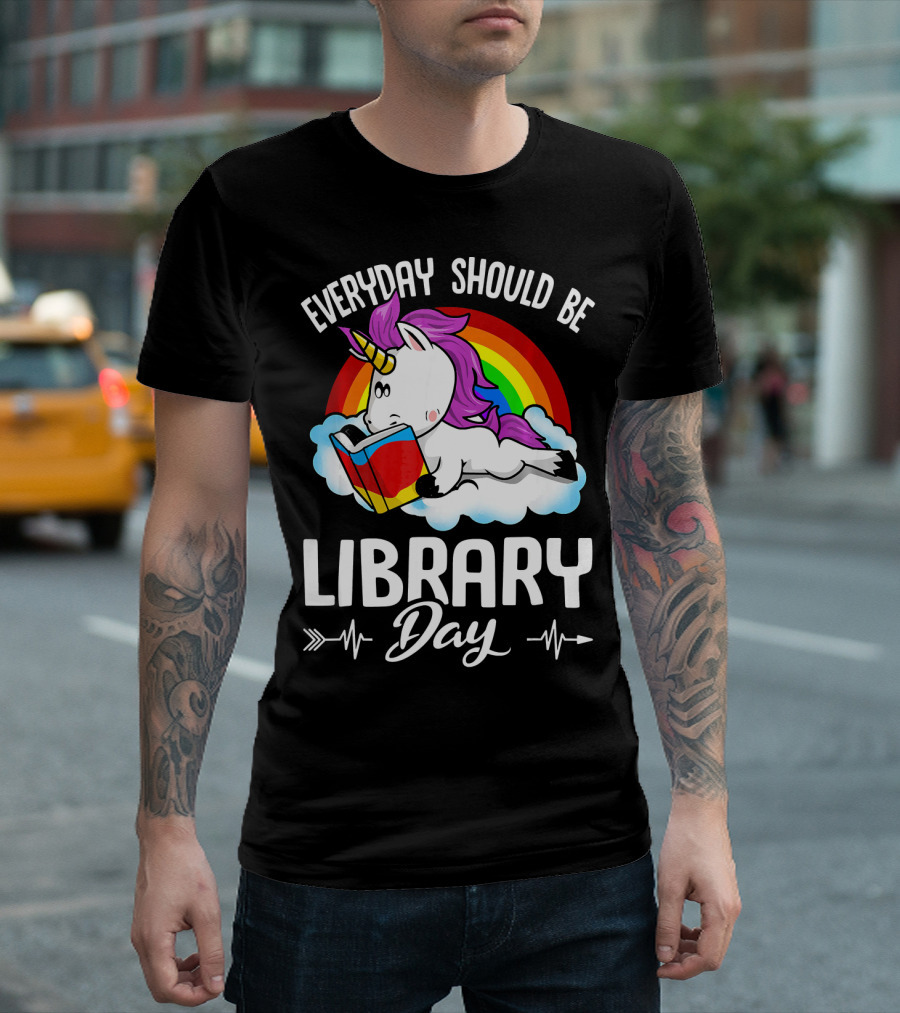 Everyday Should Be Library Day Unicorn Reading Rainbow Cloud T-Shirt