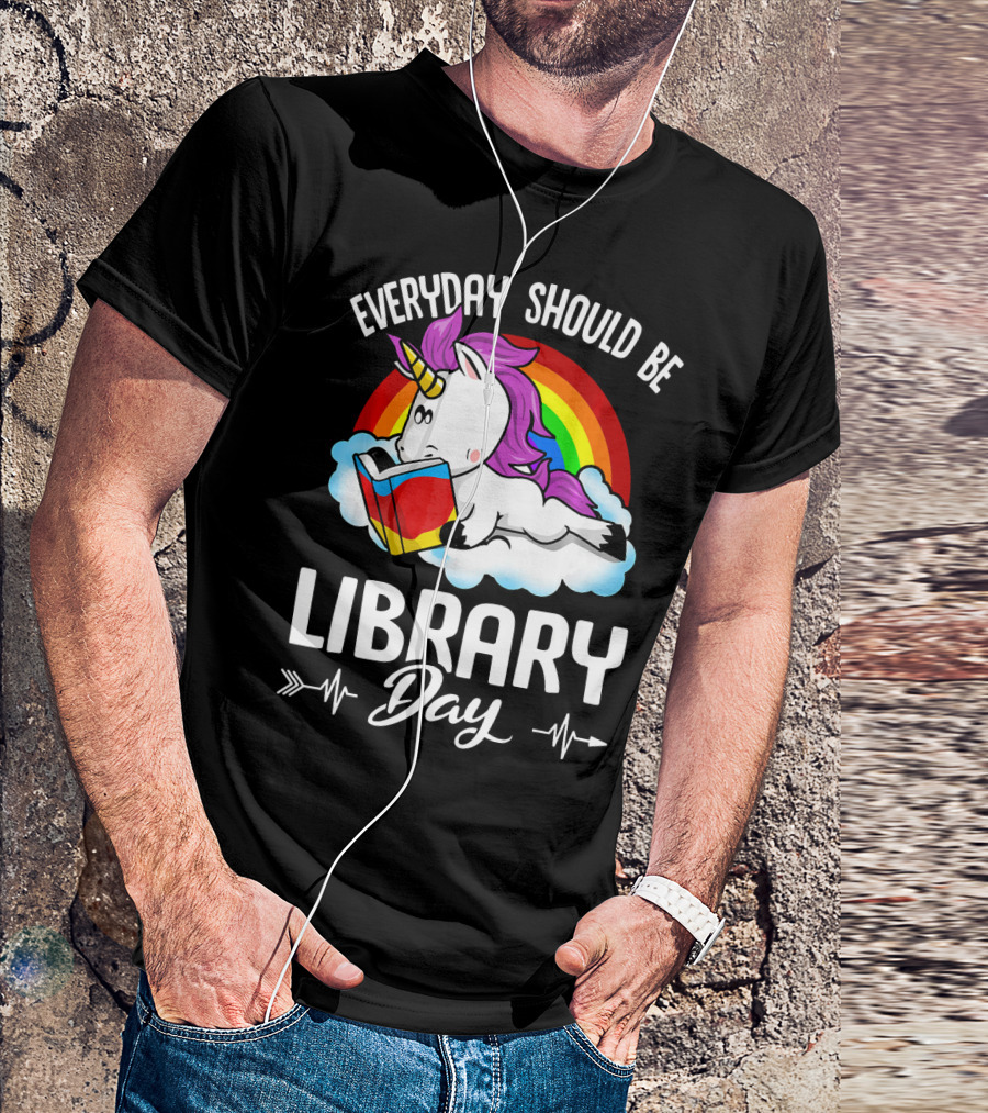 Everyday Should Be Library Day Unicorn Reading Rainbow Cloud T-Shirt
