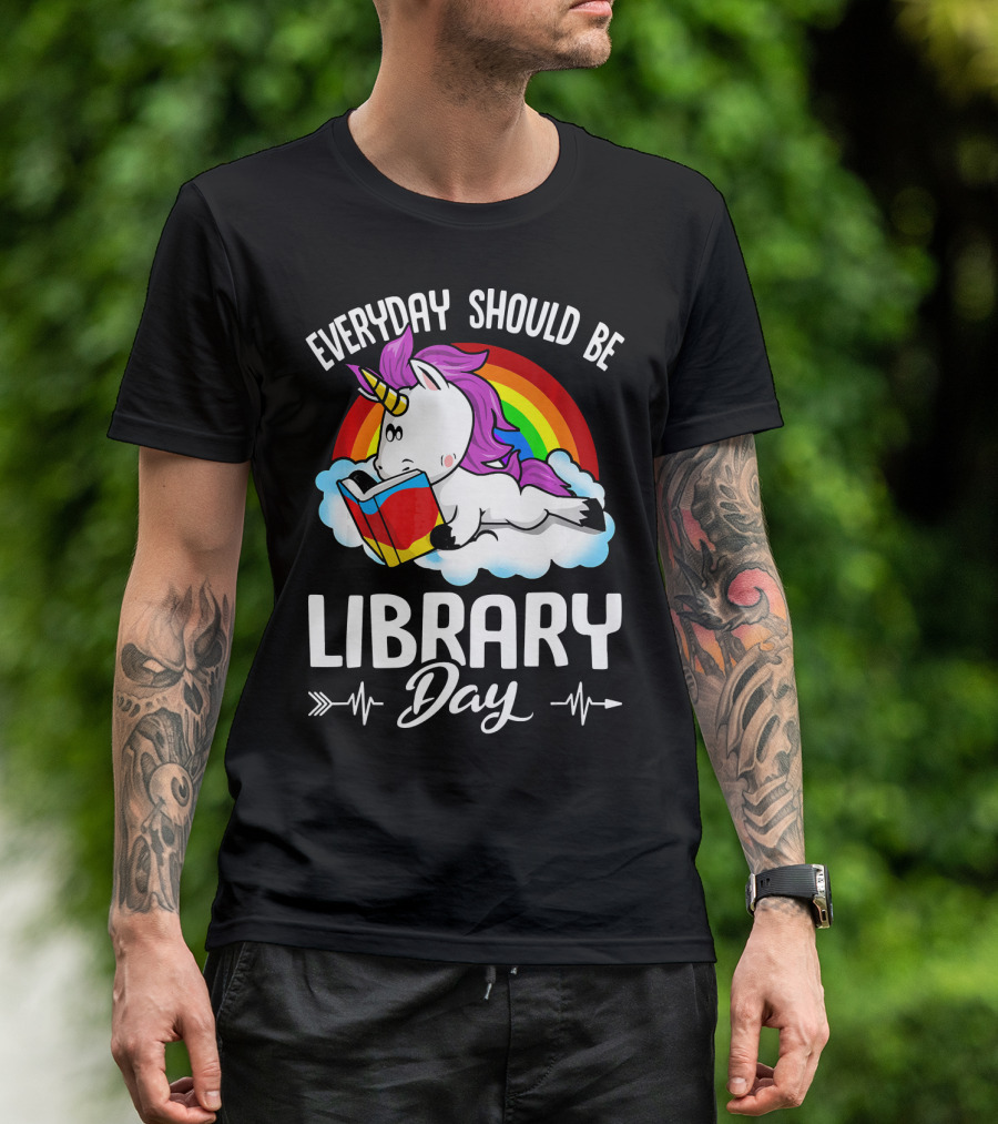 Everyday Should Be Library Day Unicorn Reading Rainbow Cloud T-Shirt